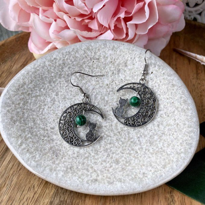 Boucles d’oreilles Lune ou Lune Chat, Malachite