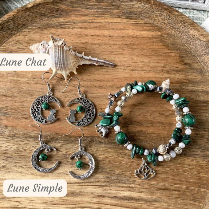 Bracelet Jonc en Malachite, perles, coquillages, breloques lotus & éléphant