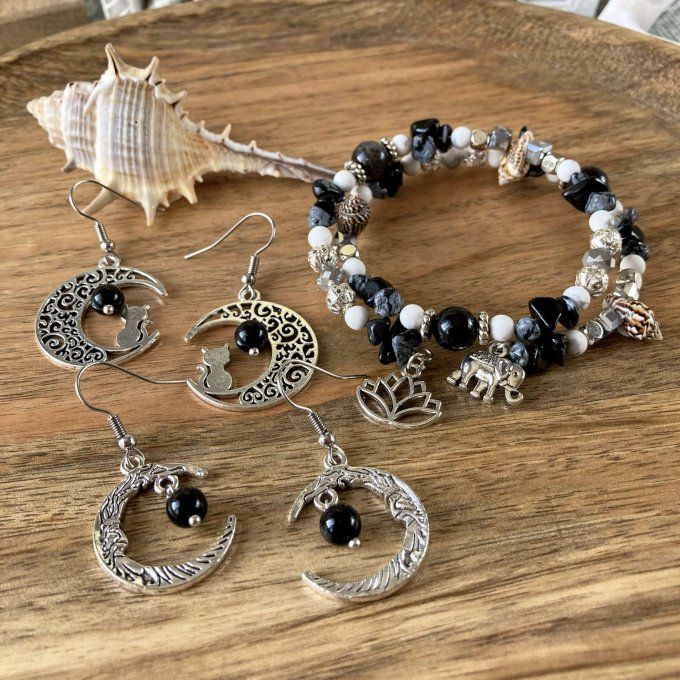 Boucles d’oreilles Lune ou Lune Chat, Obsidienne Noire