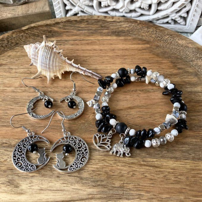 Boucles d’oreilles Lune ou Lune Chat, Obsidienne Noire