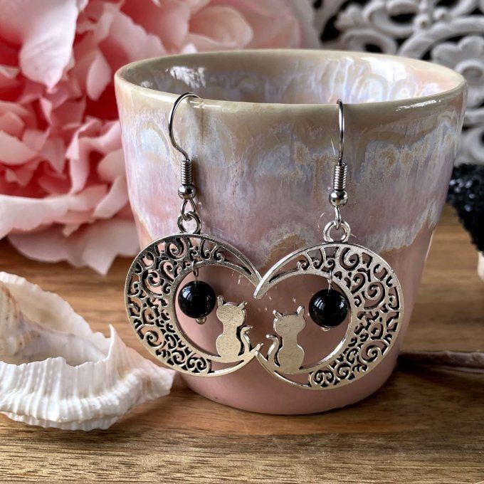 Boucles d’oreilles Lune ou Lune Chat, Obsidienne Noire