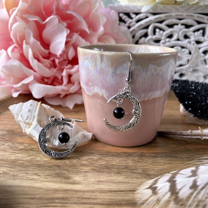 Boucles d’oreilles Lune ou Lune Chat, Obsidienne Noire