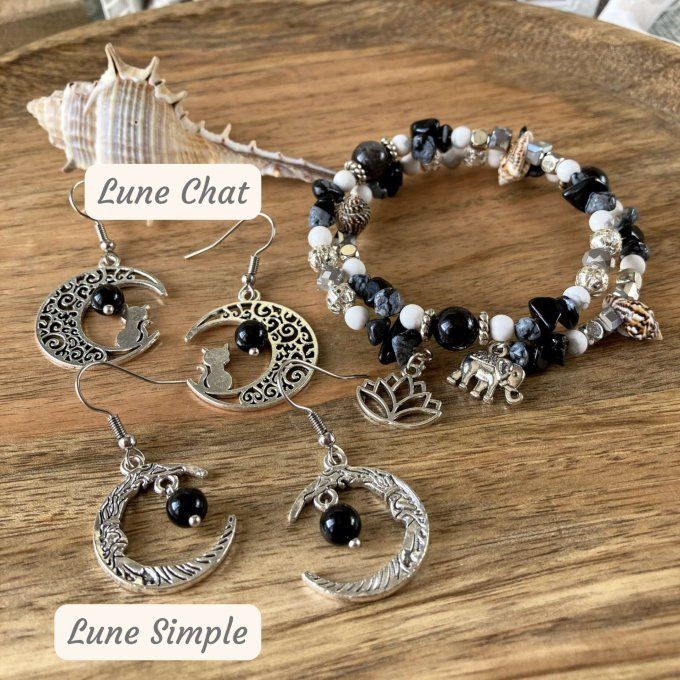 Bracelet Jonc en Obsidienne Mouchetée, perles, coquillages