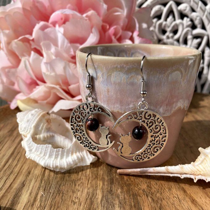Boucles d’oreilles Lune ou Lune Chat, Œil de Taureau