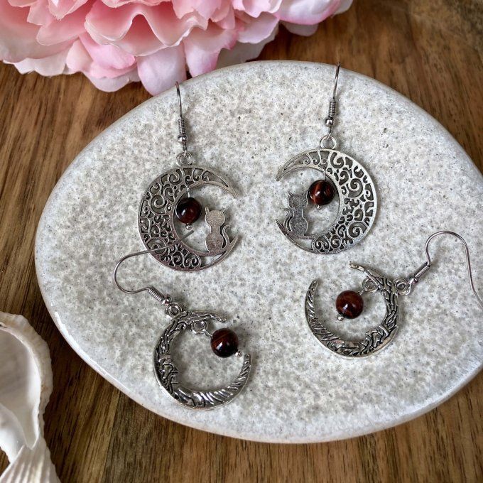 Boucles d’oreilles Lune ou Lune Chat, Œil de Taureau