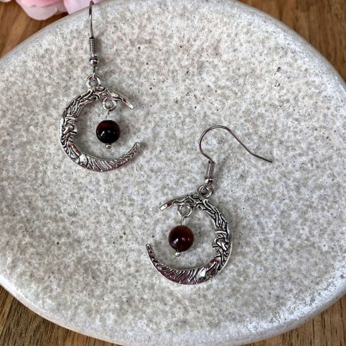 Boucles d’oreilles Lune ou Lune Chat, Œil de Taureau