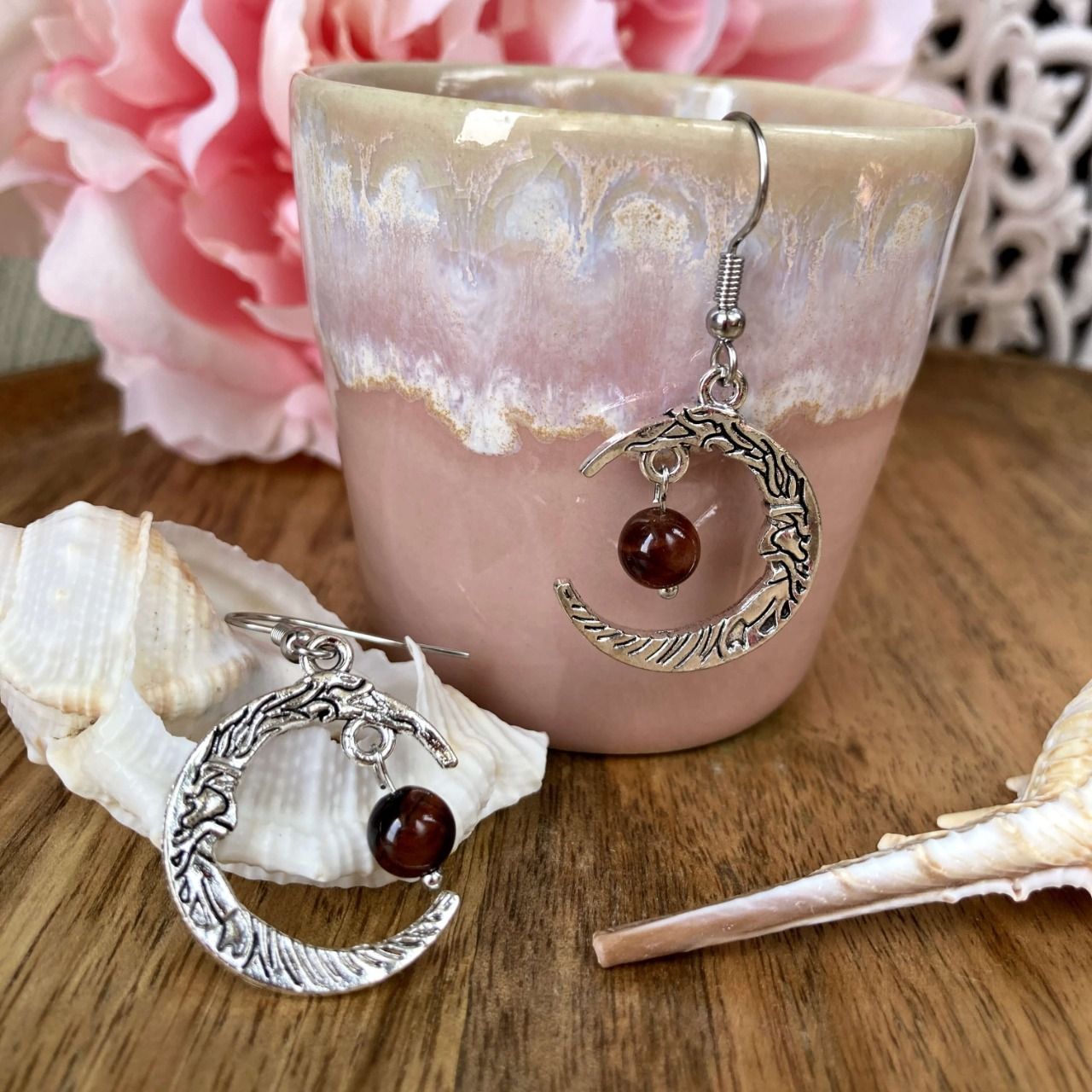 Boucles d’oreilles Lune ou Lune Chat, Œil de Taureau