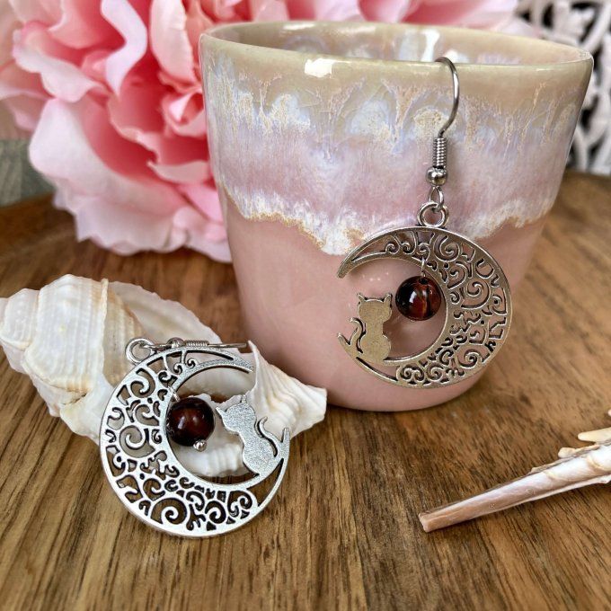 Boucles d’oreilles Lune ou Lune Chat, Œil de Taureau