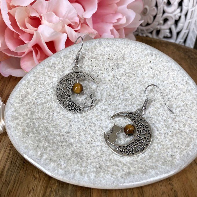 Boucles d’oreilles Lune ou Lune Chat, Œil de Tigre