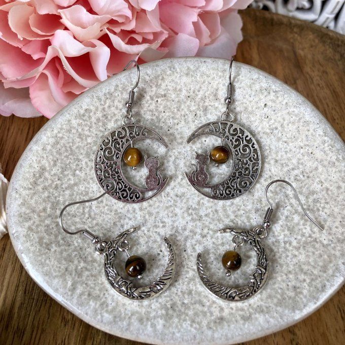 Boucles d’oreilles Lune ou Lune Chat, Œil de Tigre