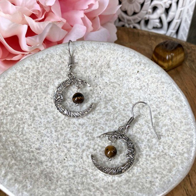 Boucles d’oreilles Lune ou Lune Chat, Œil de Tigre