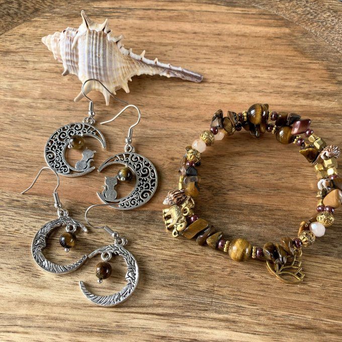 Boucles d’oreilles Lune ou Lune Chat, Œil de Tigre