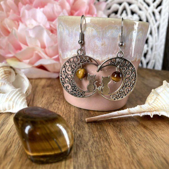 Boucles d’oreilles Lune ou Lune Chat, Œil de Tigre