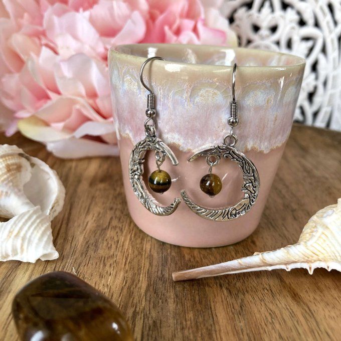 Boucles d’oreilles Lune ou Lune Chat, Œil de Tigre