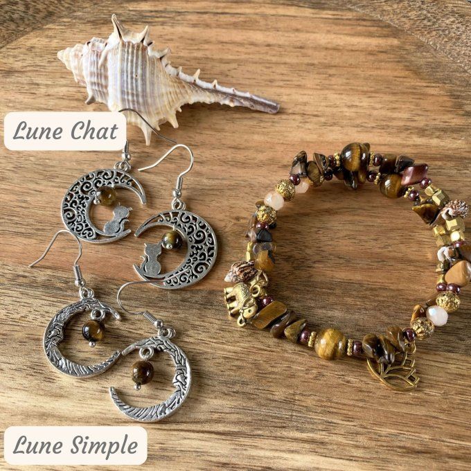 Bracelet Jonc en Œil de Tigre, perles, coquillages, breloques lotus & éléphant