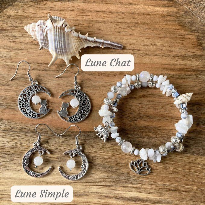 Bracelet Jonc en Pierre de Lune Blanche et Orangée, perles, coquillages, breloques lotus & éléphant