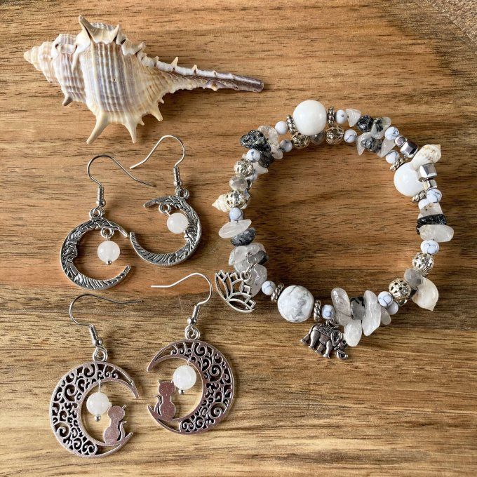 Boucles d’oreilles Lune ou Lune Chat, Quartz Blanc