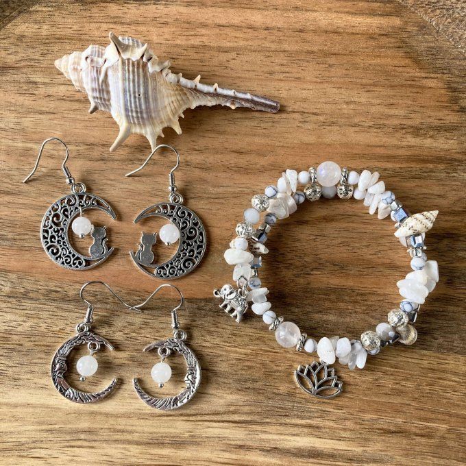 Boucles d’oreilles Lune ou Lune Chat, Quartz Blanc