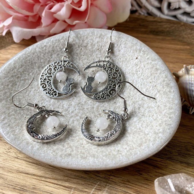 Boucles d’oreilles Lune ou Lune Chat, Quartz Blanc