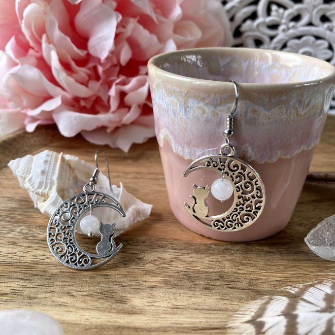 Boucles d’oreilles Lune ou Lune Chat, Quartz Blanc