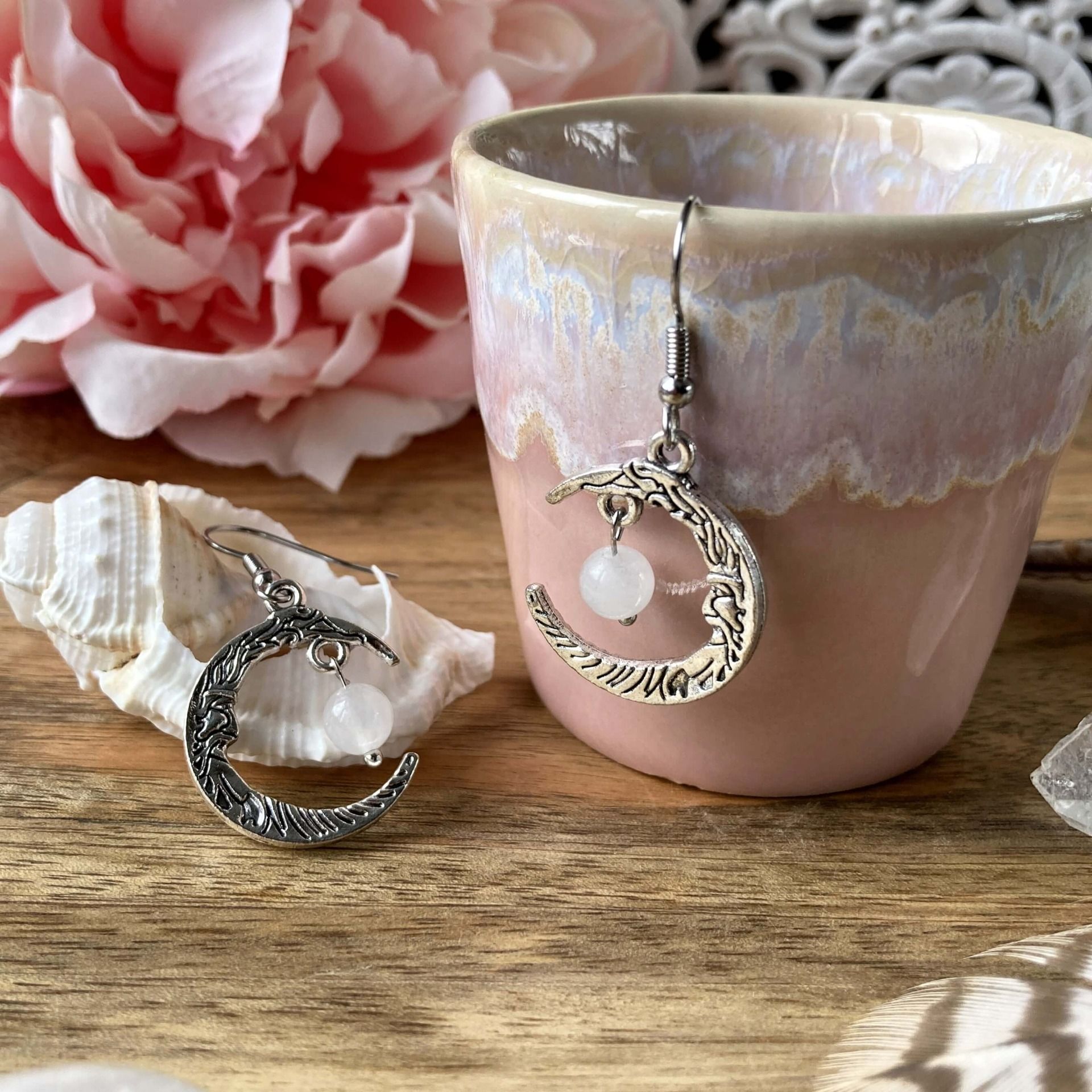 Boucles d’oreilles Lune ou Lune Chat, Quartz Blanc