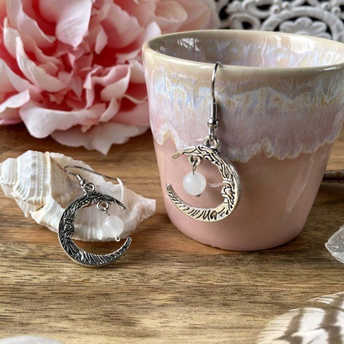 Boucles d’oreilles Lune ou Lune Chat, Quartz Blanc