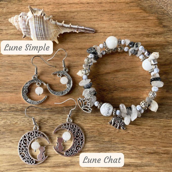 Bracelet Jonc en Quartz Blanc, perles, coquillages, breloques lotus & éléphant