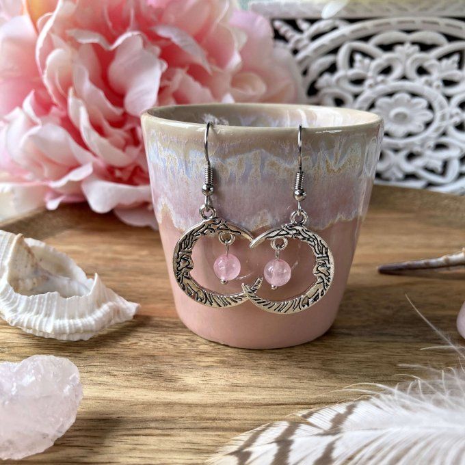 Boucles d’oreilles Lune ou Lune Chat, Quartz Rose