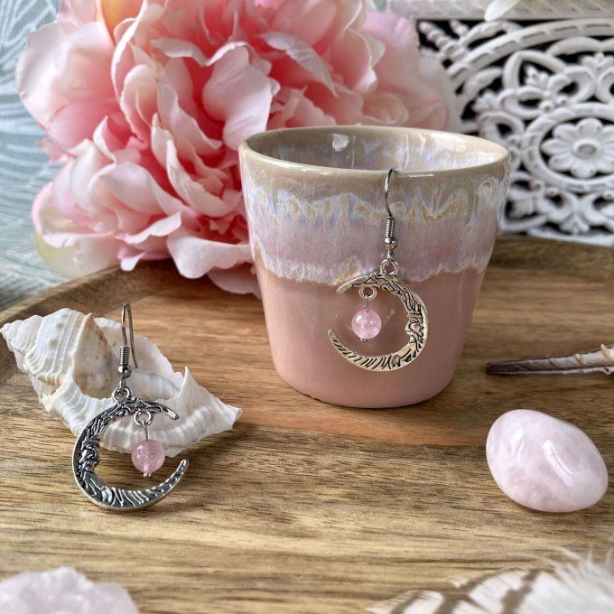 Boucles d’oreilles Lune ou Lune Chat, Quartz Rose