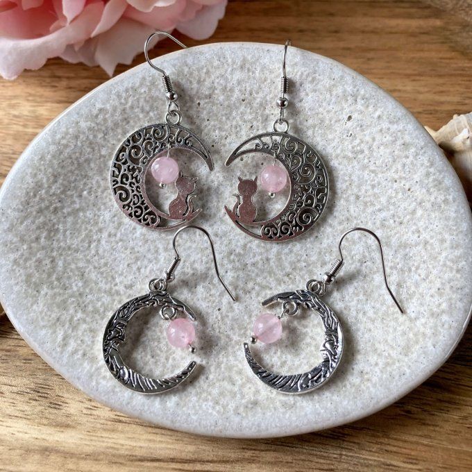 Boucles d’oreilles Lune ou Lune Chat, Quartz Rose