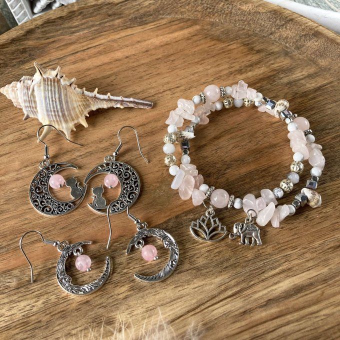 Boucles d’oreilles Lune ou Lune Chat, Quartz Rose
