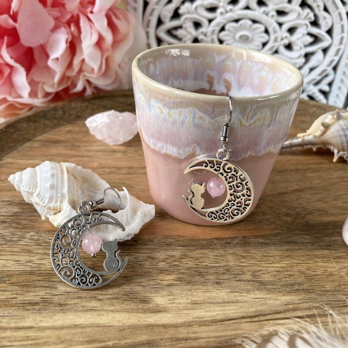 Boucles d’oreilles Lune ou Lune Chat, Quartz Rose