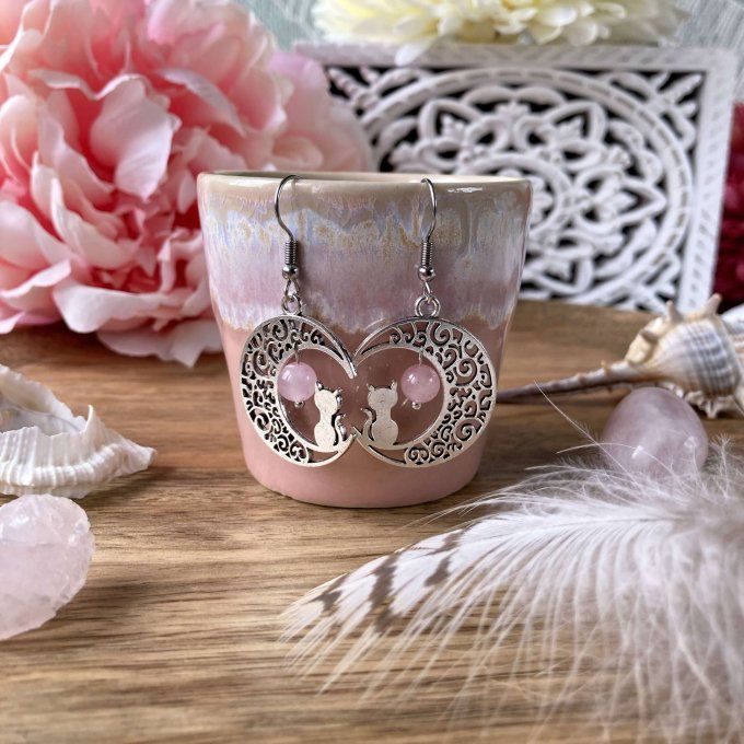 Boucles d’oreilles Lune ou Lune Chat, Quartz Rose