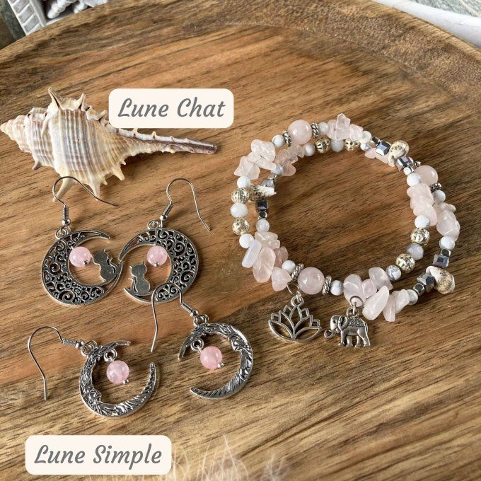 Bracelet Jonc en Quartz Rose, perles, coquillages, breloques lotus & éléphant