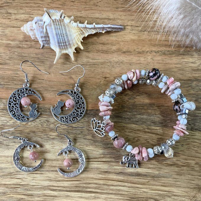 Boucles d’oreilles Lune ou Lune Chat Rhodonite