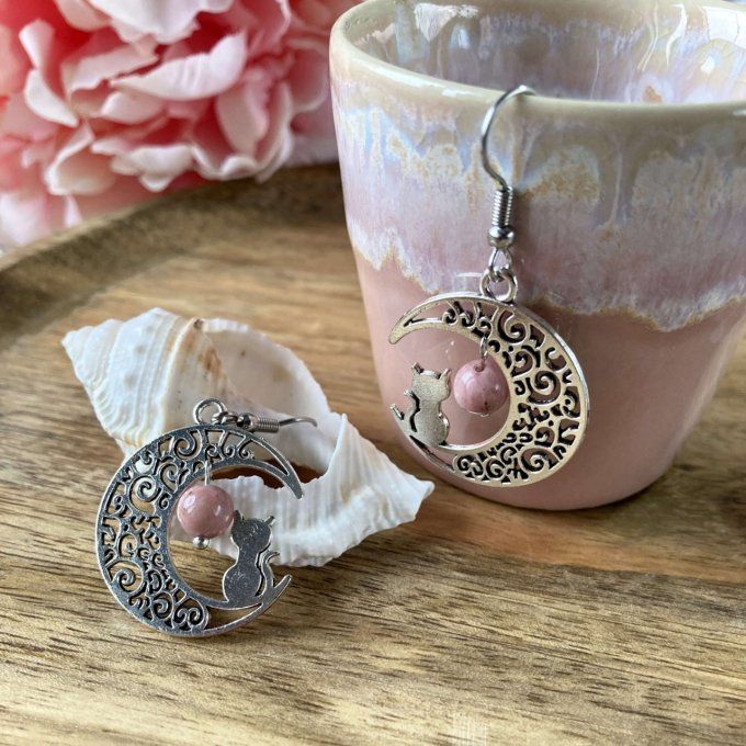 Boucles d’oreilles Lune ou Lune Chat Rhodonite