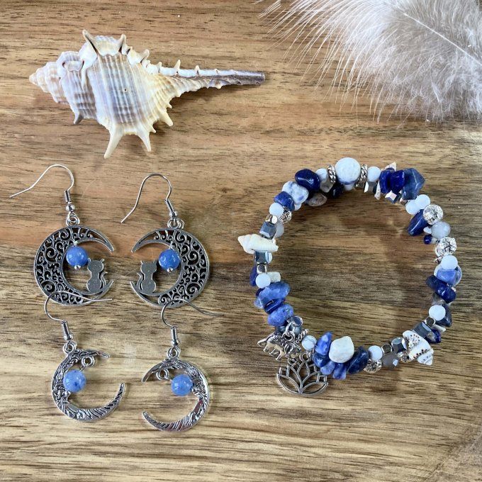 Boucles d’oreilles Lune ou Lune Chat Sodalite