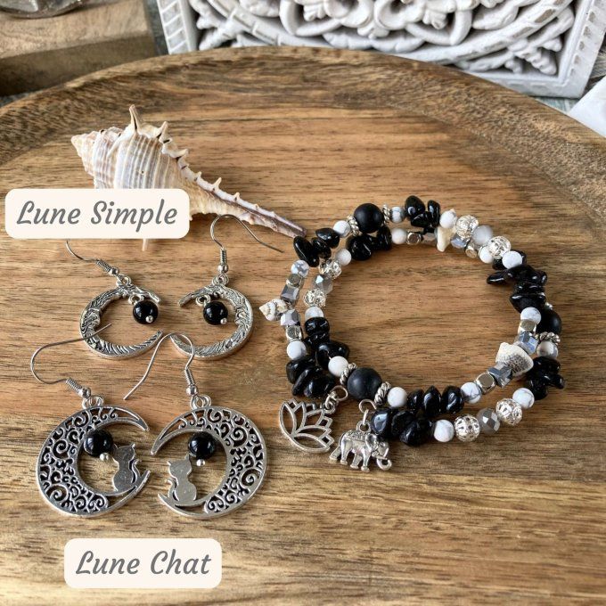 Bracelet Jonc en Tourmaline noire ou multicolore, perles, coquillages, breloques lotus & éléphant 