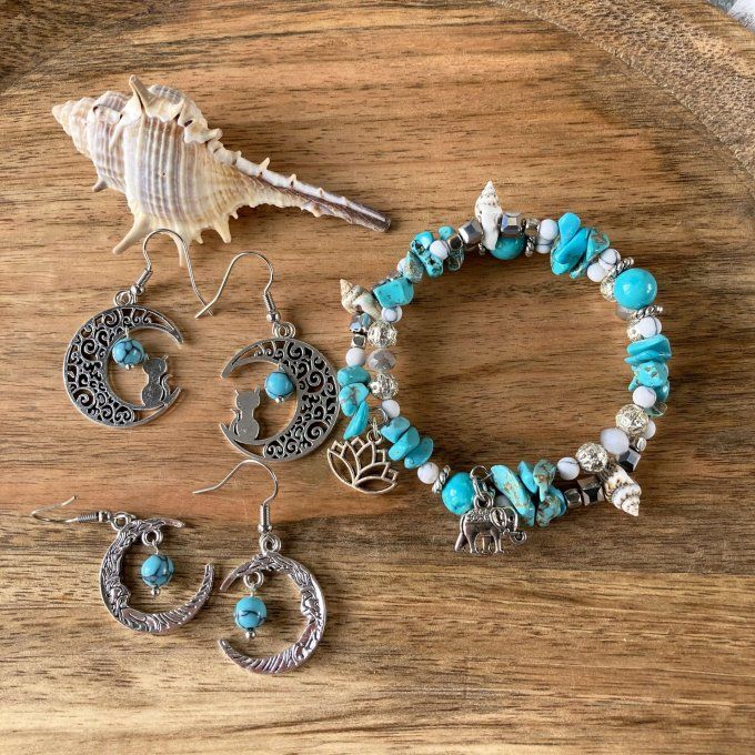 Boucles d’oreilles Lune ou Lune Chat, imitation Turquoise