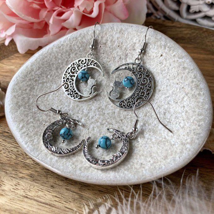 Boucles d’oreilles Lune ou Lune Chat, imitation Turquoise