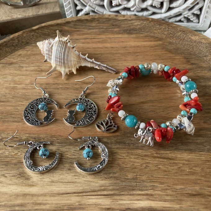 Boucles d’oreilles Lune ou Lune Chat, imitation Turquoise