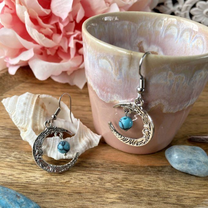 Boucles d’oreilles Lune ou Lune Chat, imitation Turquoise