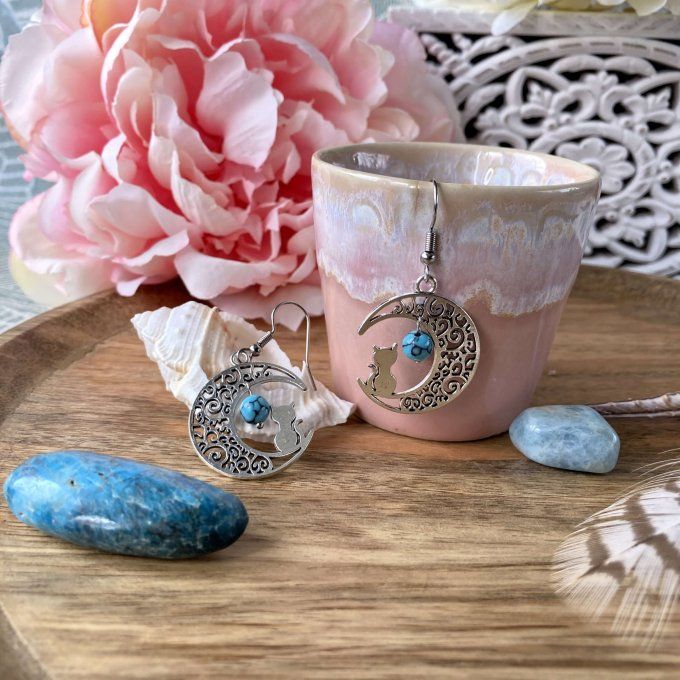 Boucles d’oreilles Lune ou Lune Chat, imitation Turquoise