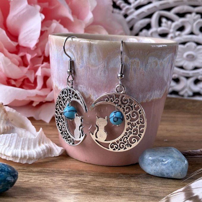 Boucles d’oreilles Lune ou Lune Chat, imitation Turquoise