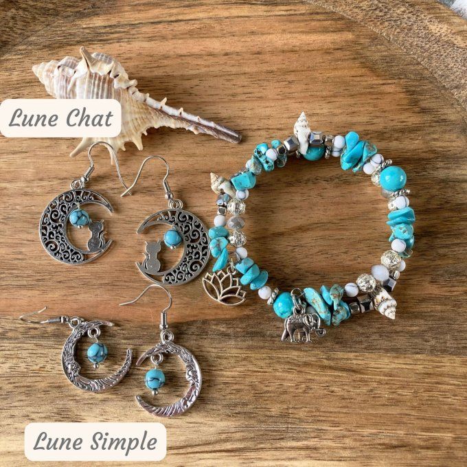 Bracelet Jonc en Turquoise Bleue ou Africaine, perles, coquillages, breloques lotus & éléphant