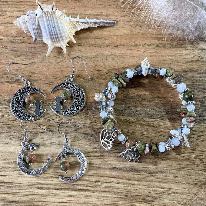 Boucles d’oreilles Lune ou Lune Chat Unakite