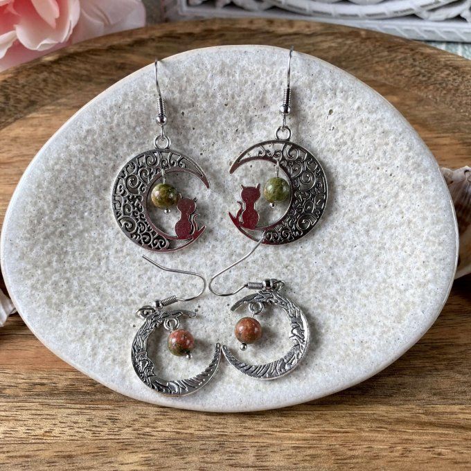 Boucles d’oreilles Lune ou Lune Chat Unakite