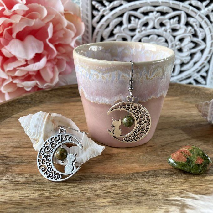 Boucles d’oreilles Lune ou Lune Chat Unakite