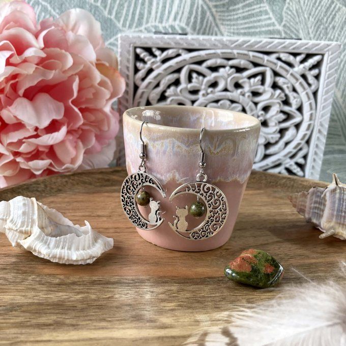 Boucles d’oreilles Lune ou Lune Chat Unakite