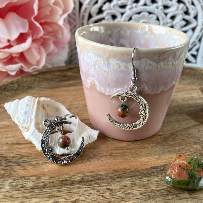 Boucles d’oreilles Lune ou Lune Chat Unakite